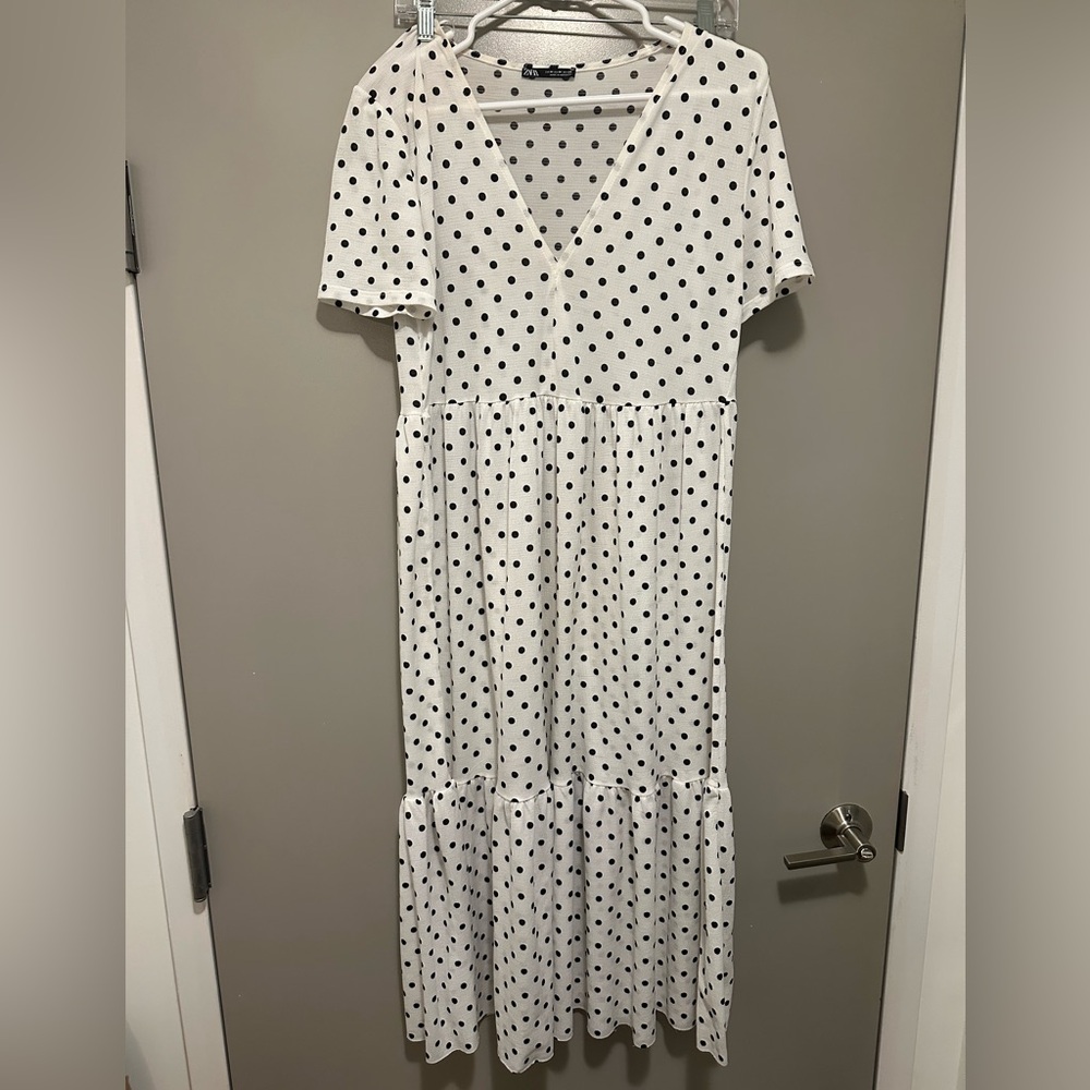Zara White and Navy polka dots Flutter Sleeve V-Neck Sundress